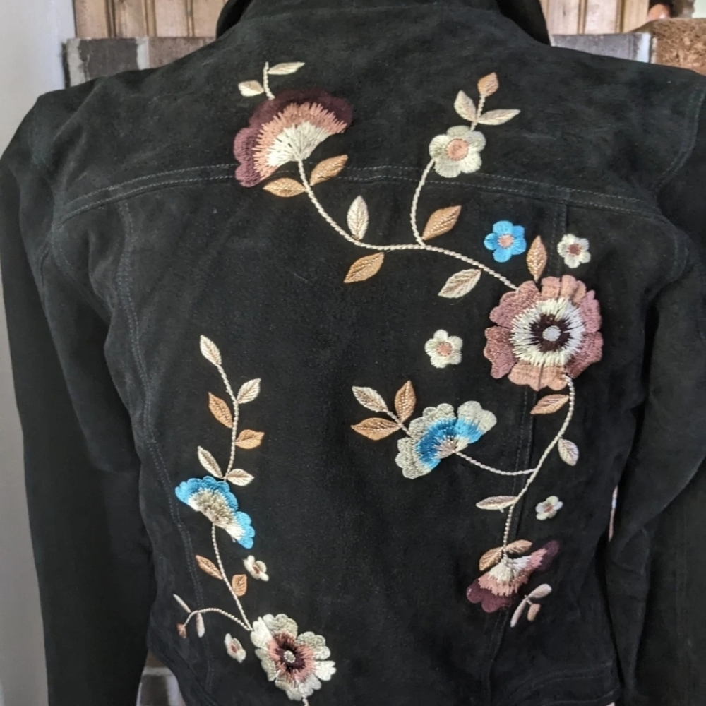 Black 100% Leather Suede Jacket L Embroidered Floral Boho Western Festival Lined